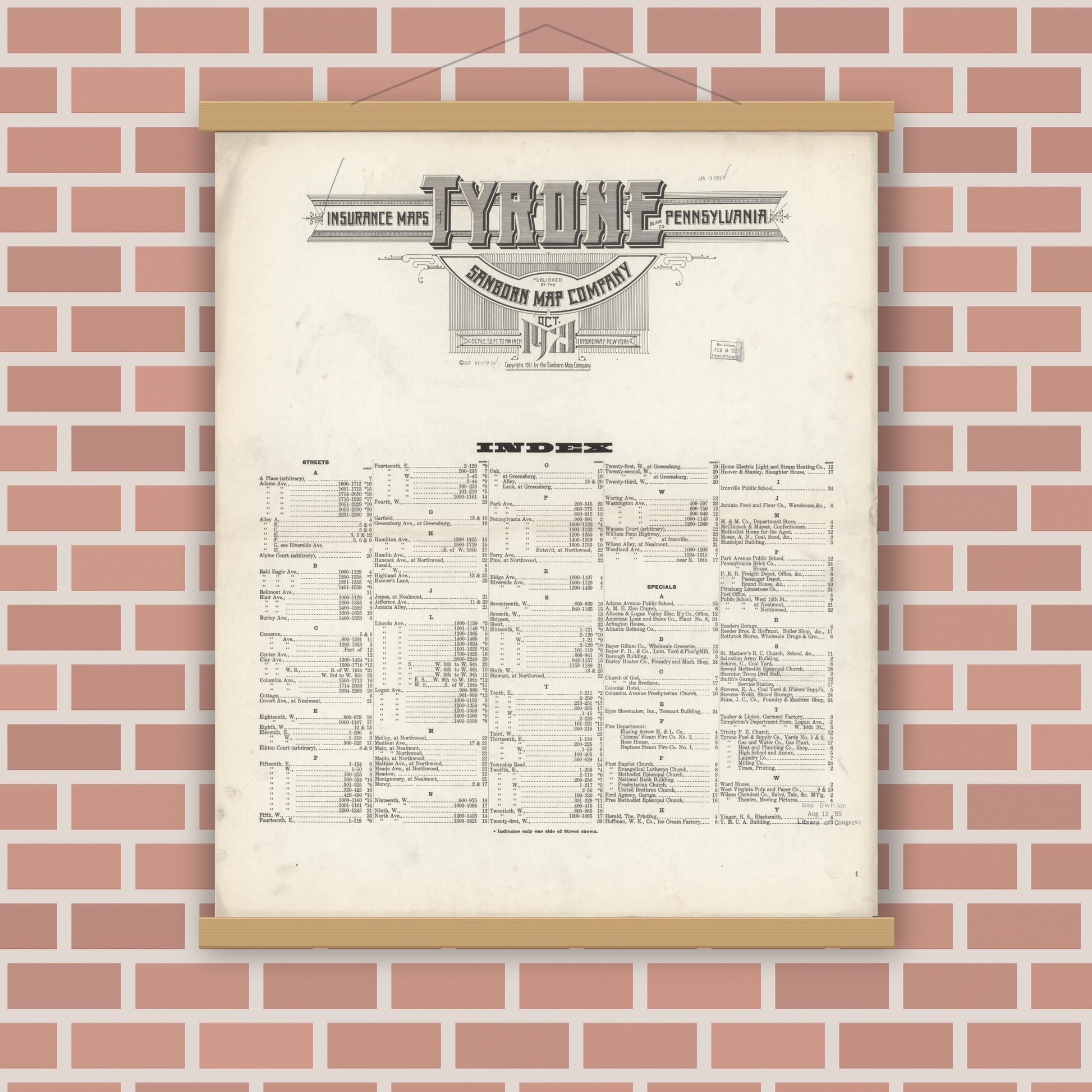 Old map wall art mockup — magnetic wood frame on brick wall — Sanborn Fire Insurance Map from Tyrone, Blair County, Pennsylvania (1921), Sheet #0001