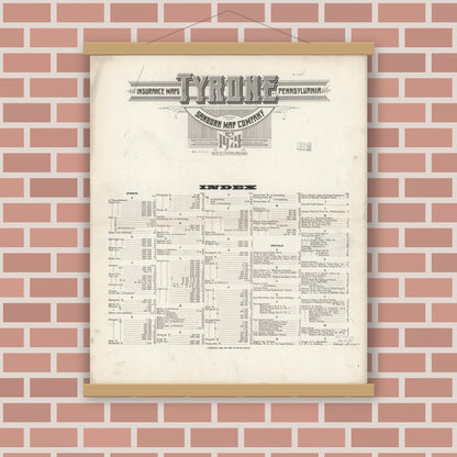Old map wall art mockup — magnetic wood frame on brick wall — Sanborn Fire Insurance Map from Tyrone, Blair County, Pennsylvania (1921), Sheet #0001