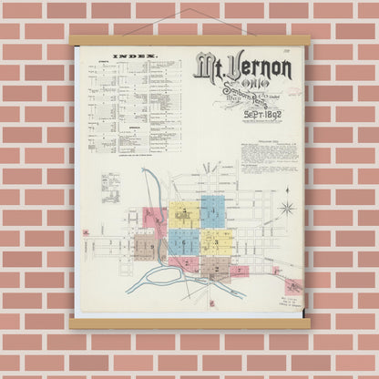 Old map wall art mockup — magnetic wood frame on brick wall — Sanborn Fire Insurance Map from Mount Vernon, Knox County, Ohio (1892), Sheet #0001