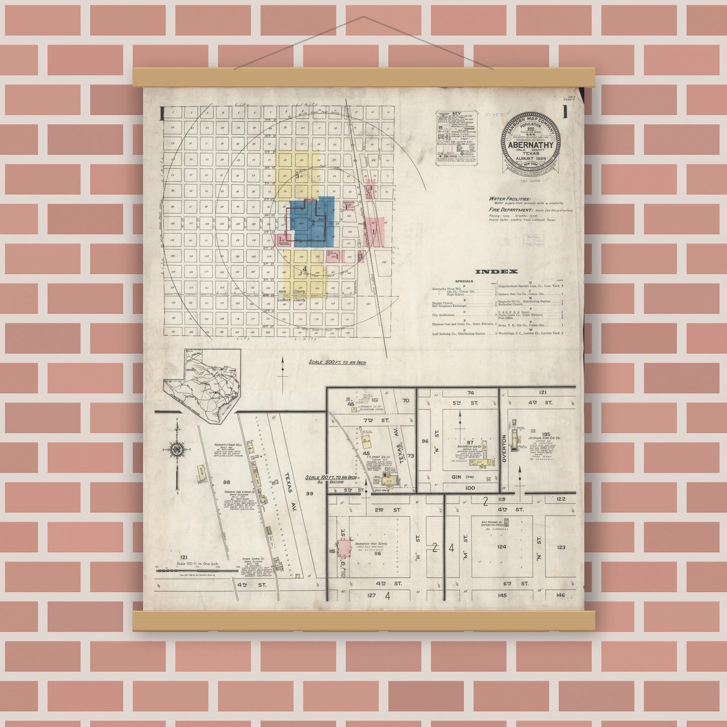 Old map wall art mockup — magnetic wood frame on brick wall — Sanborn Fire Insurance Map from Abernathy, Hale County, Texas (1925), Sheet #0001