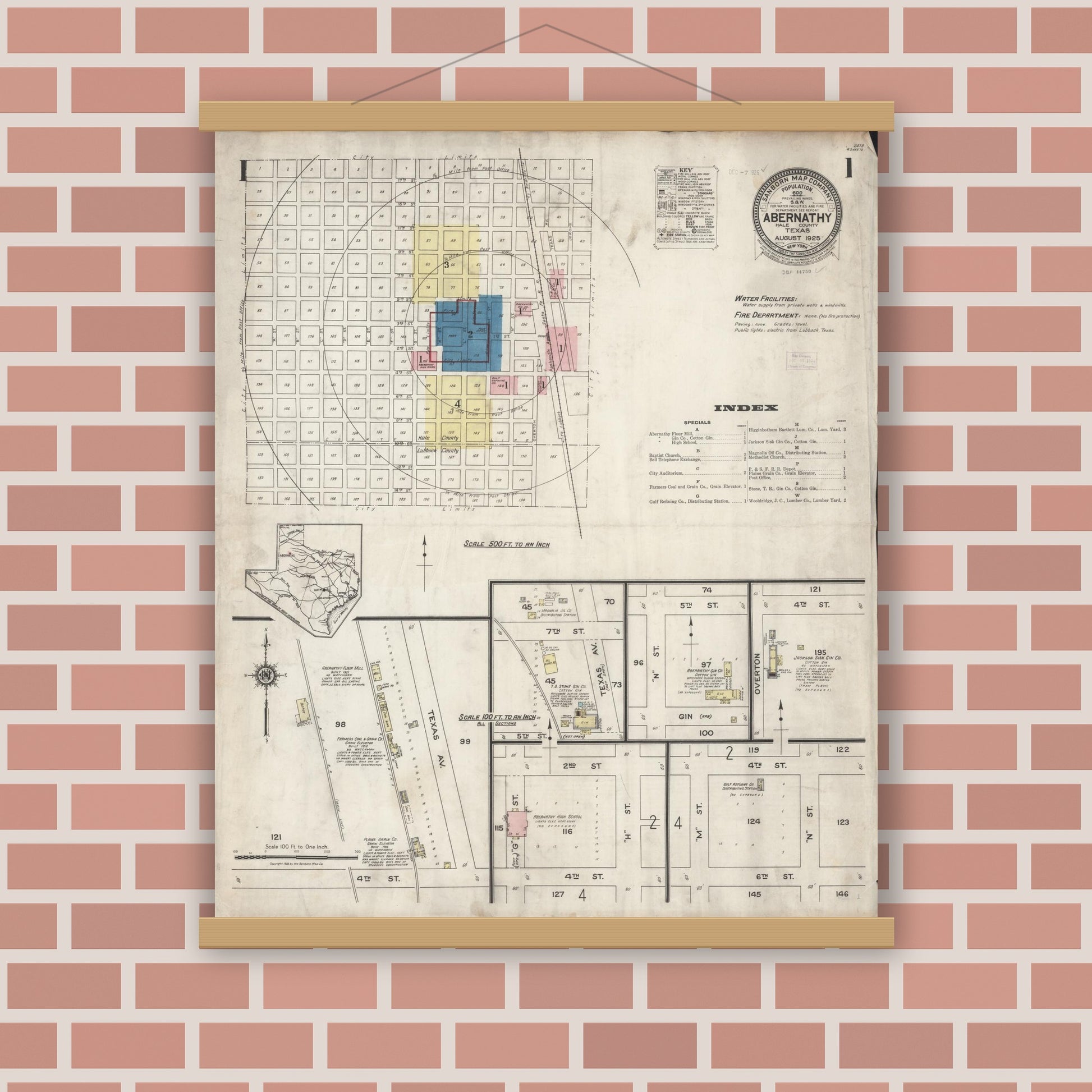 Old map wall art mockup — magnetic wood frame on brick wall — Sanborn Fire Insurance Map from Abernathy, Hale County, Texas (1925), Sheet #0001