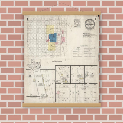 Old map wall art mockup — magnetic wood frame on brick wall — Sanborn Fire Insurance Map from Abernathy, Hale County, Texas (1925), Sheet #0001