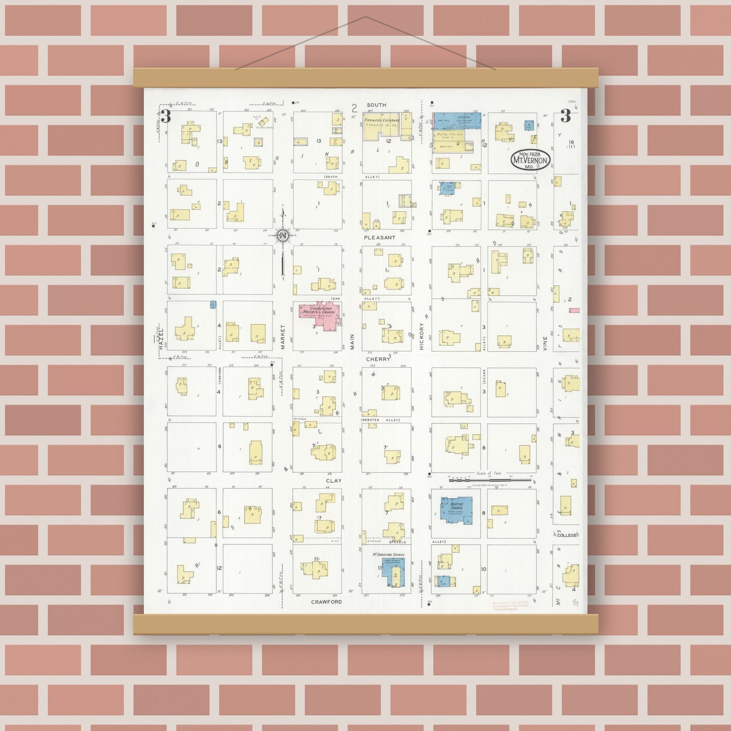Old map wall art mockup — magnetic wood frame on brick wall — Sanborn Fire Insurance Map from Mount Vernon, Lawrence County, Missouri (1928), Sheet #0003