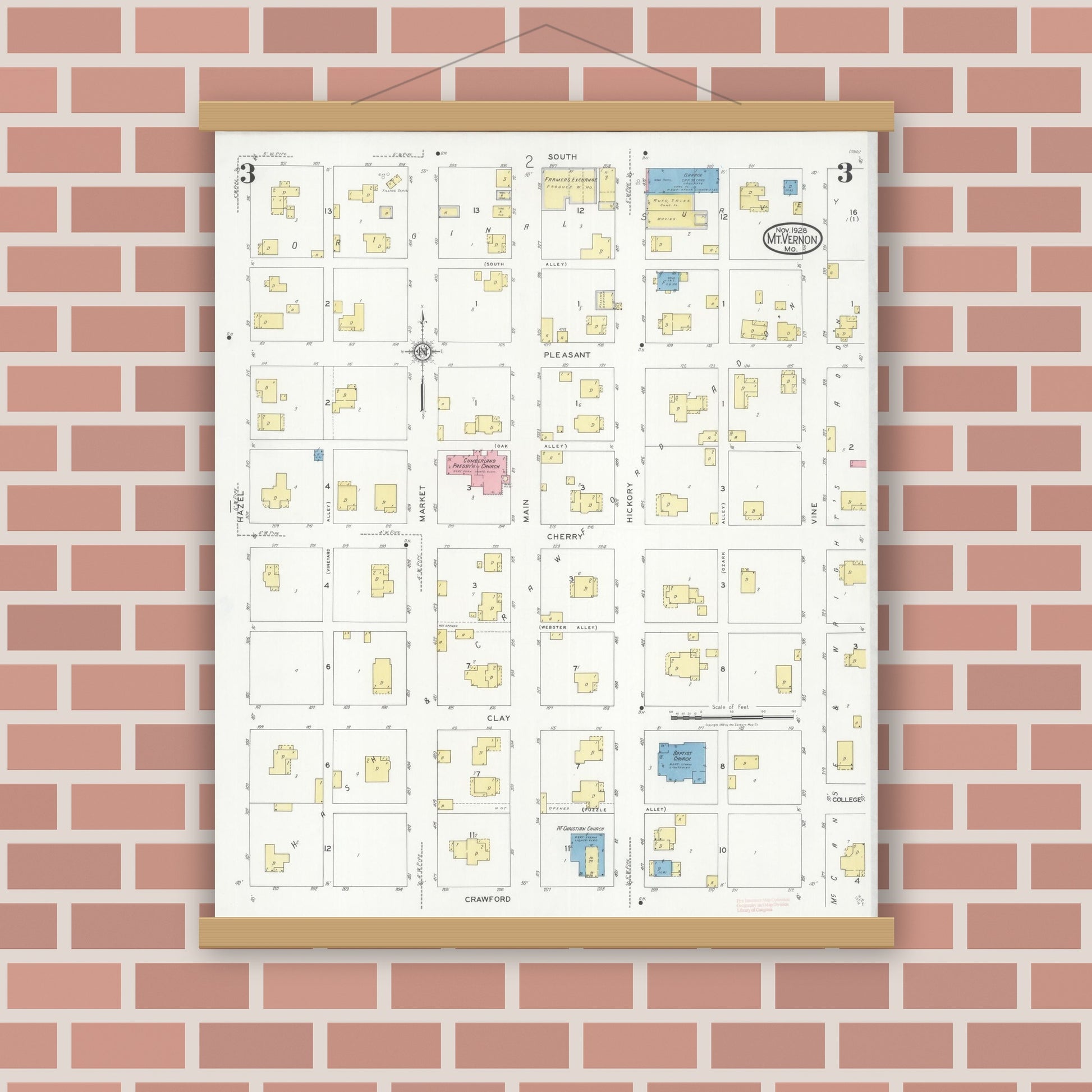 Old map wall art mockup — magnetic wood frame on brick wall — Sanborn Fire Insurance Map from Mount Vernon, Lawrence County, Missouri (1928), Sheet #0003