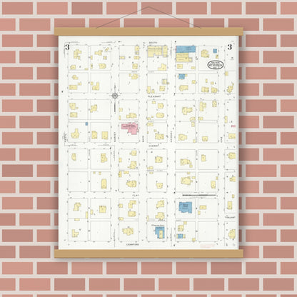Old map wall art mockup — magnetic wood frame on brick wall — Sanborn Fire Insurance Map from Mount Vernon, Lawrence County, Missouri (1928), Sheet #0003