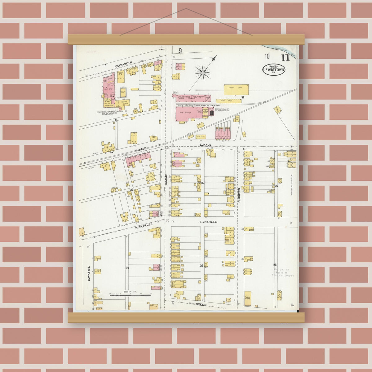 Old map wall art mockup — magnetic wood frame on brick wall — Sanborn Fire Insurance Map from Lewistown, Mifflin County, Pennsylvania (1904), Sheet #0011