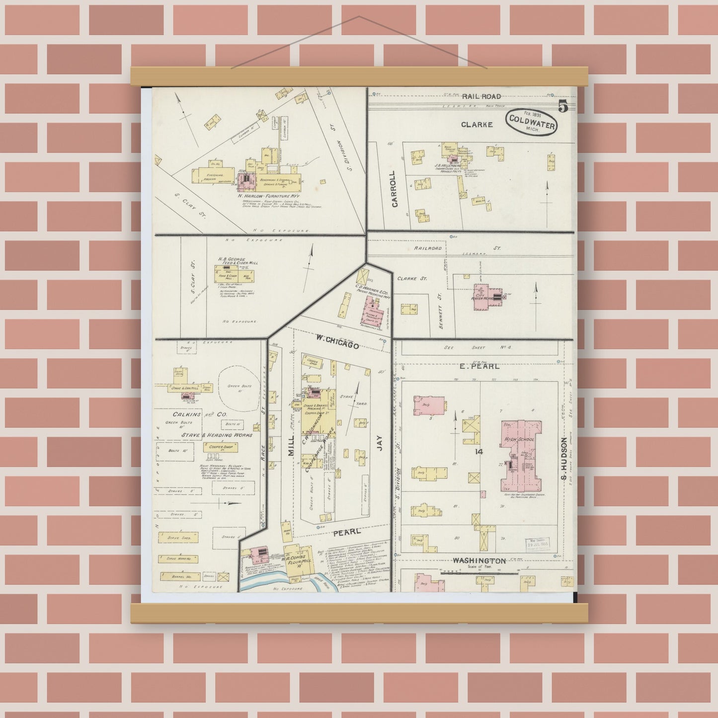 Old map wall art mockup — magnetic wood frame on brick wall — Sanborn Fire Insurance Map from Coldwater, Branch County, Michigan (1891), Sheet #0005