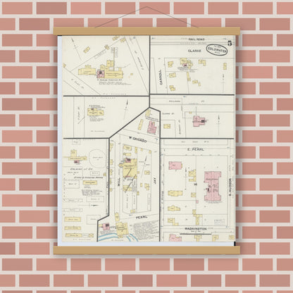 Old map wall art mockup — magnetic wood frame on brick wall — Sanborn Fire Insurance Map from Coldwater, Branch County, Michigan (1891), Sheet #0005