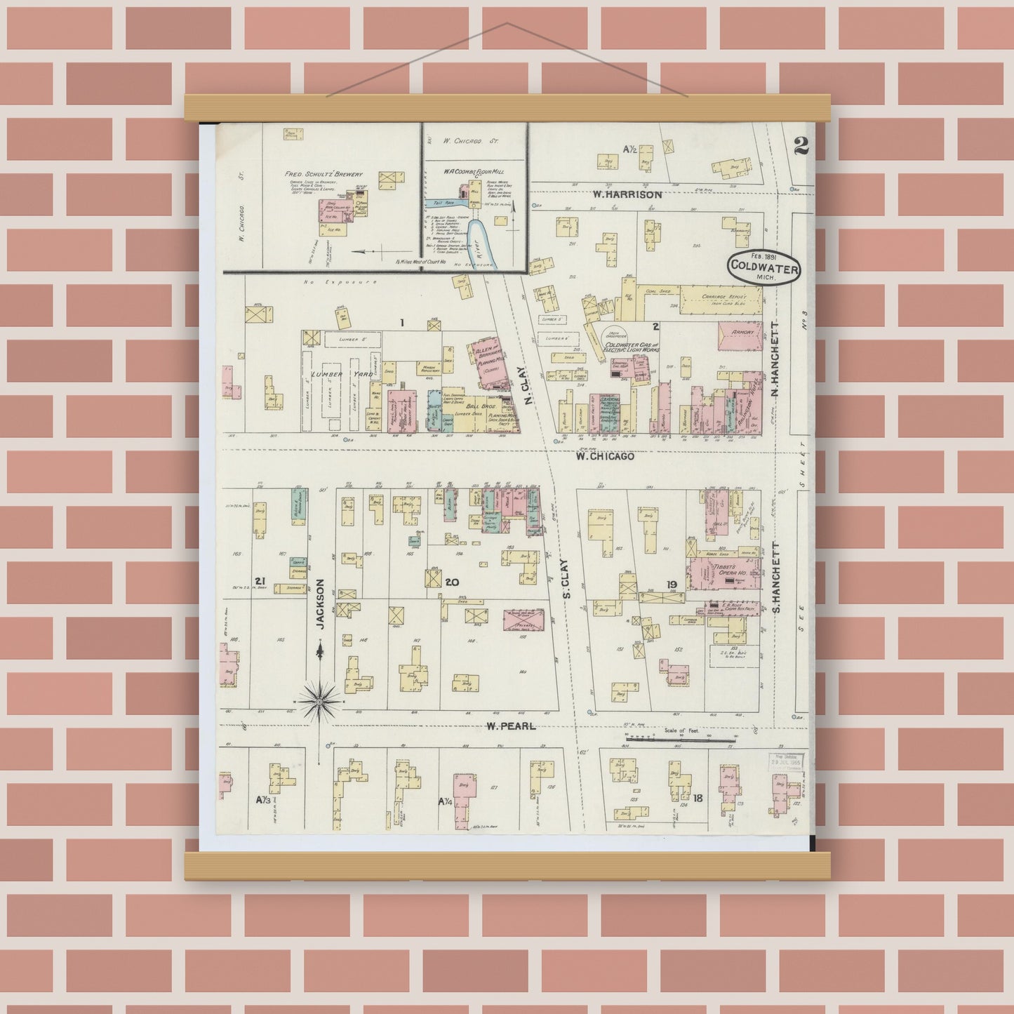 Old map wall art mockup — magnetic wood frame on brick wall — Sanborn Fire Insurance Map from Coldwater, Branch County, Michigan (1891), Sheet #0002