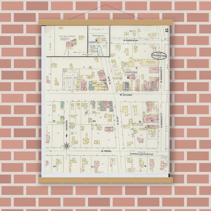 Old map wall art mockup — magnetic wood frame on brick wall — Sanborn Fire Insurance Map from Coldwater, Branch County, Michigan (1891), Sheet #0002