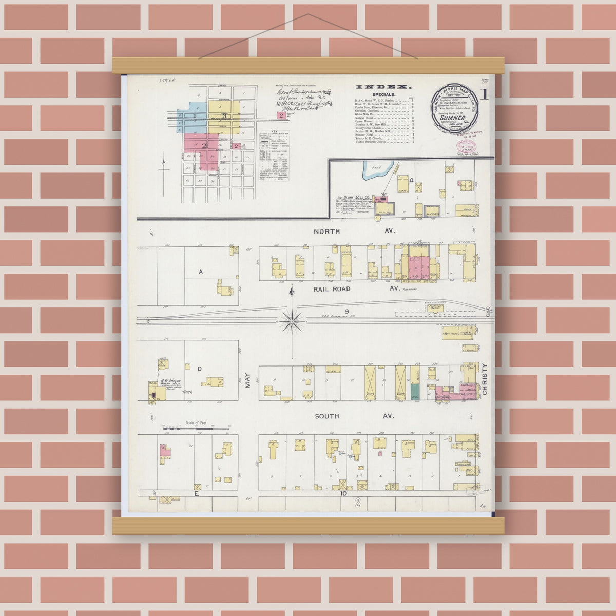 Old map wall art mockup — magnetic wood frame on brick wall — Sanborn Fire Insurance Map from Sumner, Lawrence County, Illinois (1894), Sheet #0001