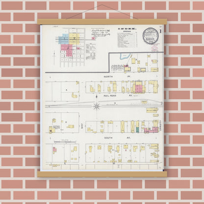 Old map wall art mockup — magnetic wood frame on brick wall — Sanborn Fire Insurance Map from Sumner, Lawrence County, Illinois (1894), Sheet #0001