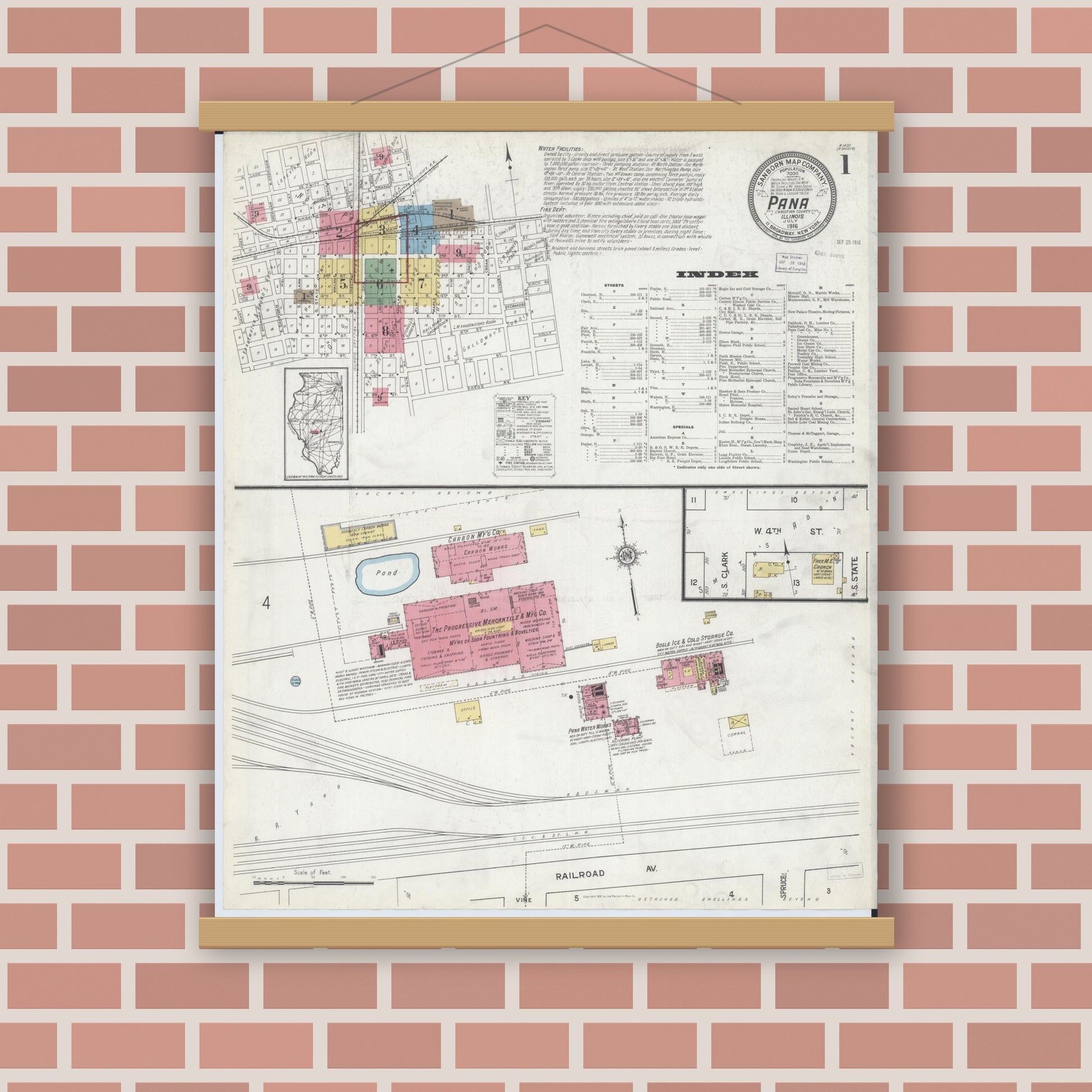 Old map wall art mockup — magnetic wood frame on brick wall — Sanborn Fire Insurance Map from Pana, Christian County, Illinois (1916) - Complete Map Set