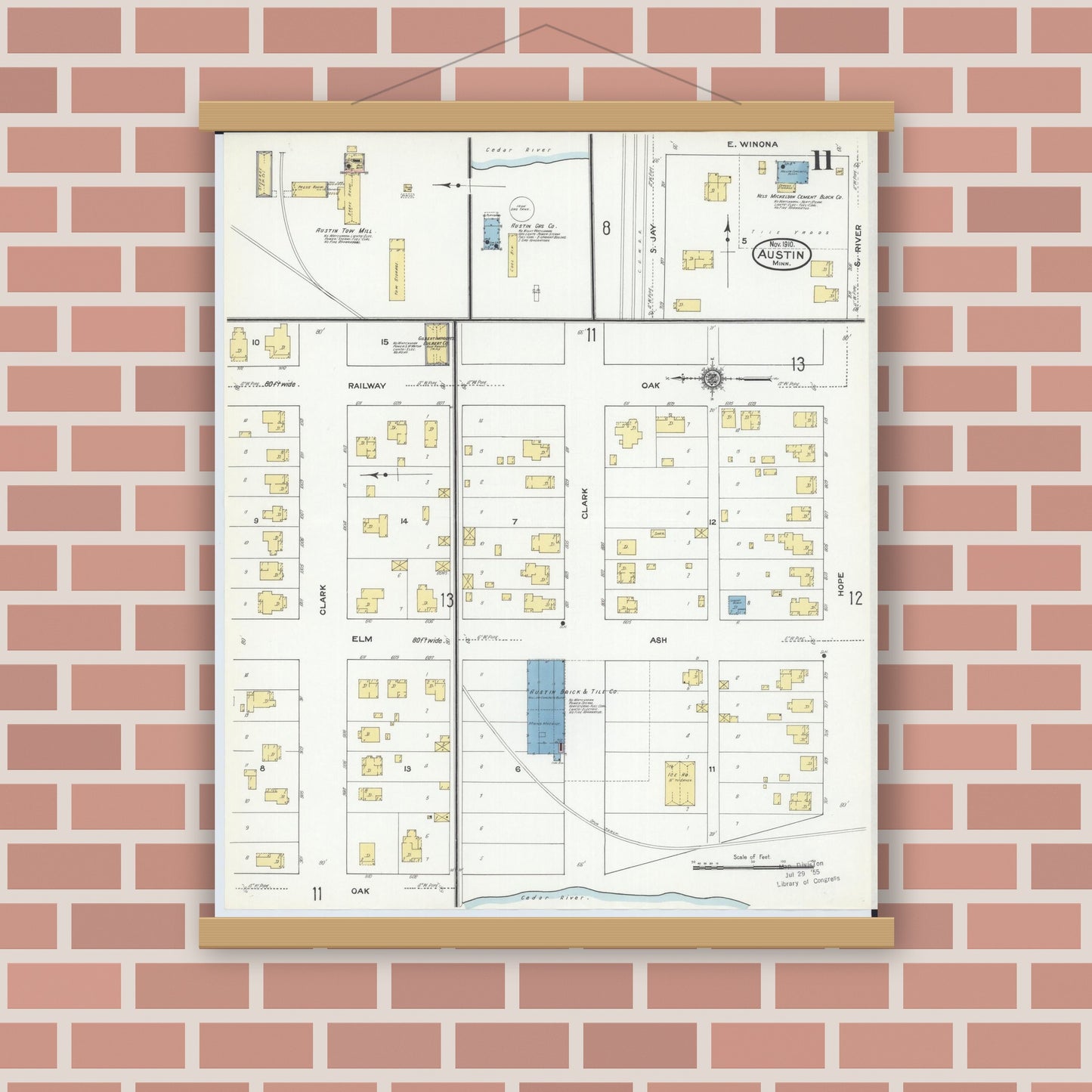Old map wall art mockup — magnetic wood frame on brick wall — Sanborn Fire Insurance Map from Austin, Mower County, Minnesota (1910), Sheet #0011