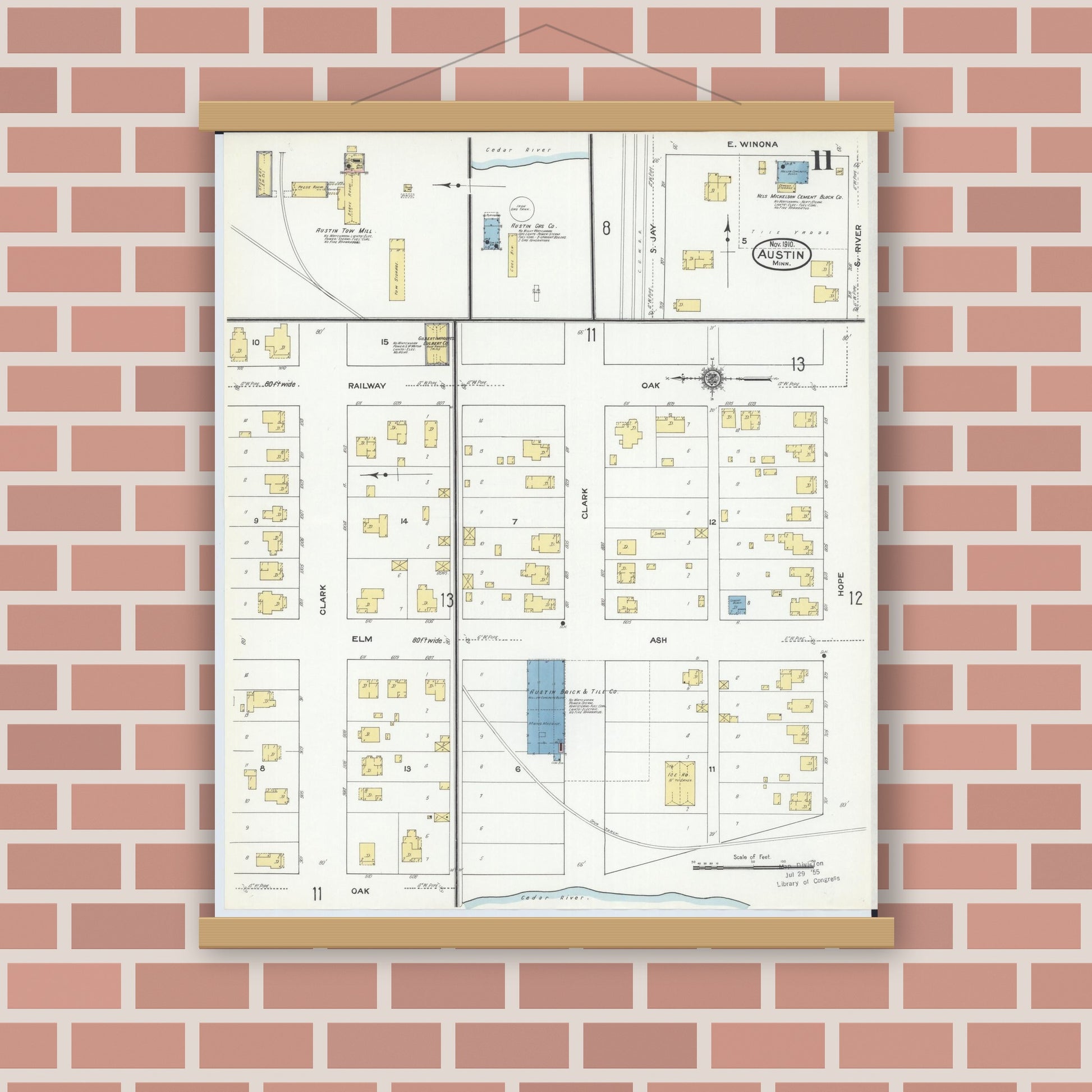 Old map wall art mockup — magnetic wood frame on brick wall — Sanborn Fire Insurance Map from Austin, Mower County, Minnesota (1910), Sheet #0011
