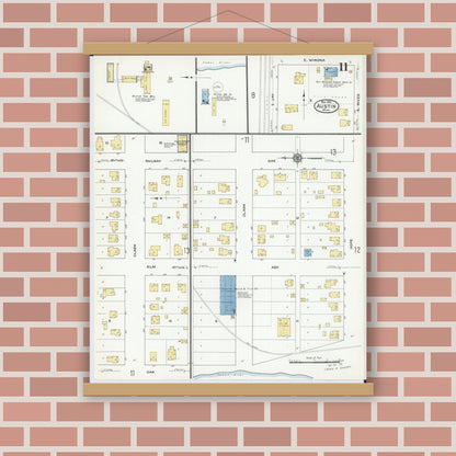Old map wall art mockup — magnetic wood frame on brick wall — Sanborn Fire Insurance Map from Austin, Mower County, Minnesota (1910), Sheet #0011
