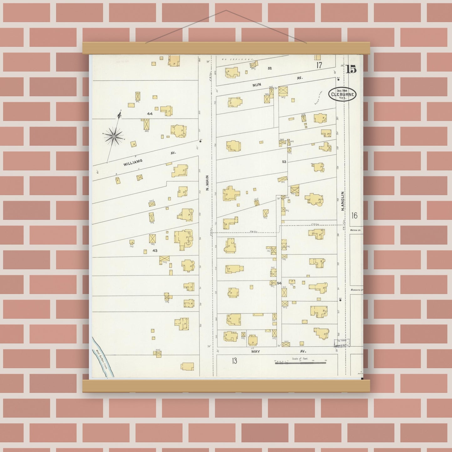 Old map wall art mockup — magnetic wood frame on brick wall — Sanborn Fire Insurance Map from Cleburne, Johnson County, Texas (1904), Sheet #0015