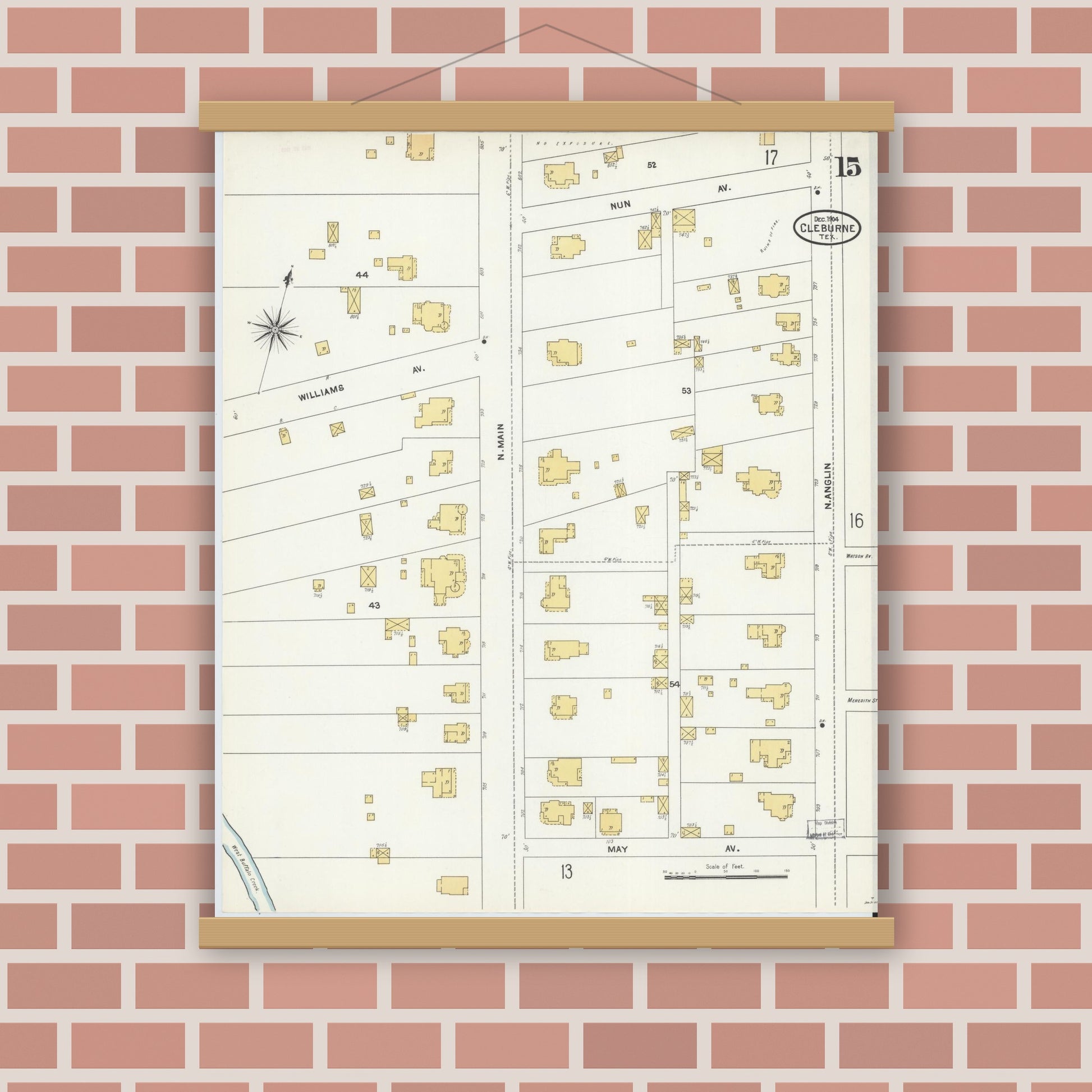 Old map wall art mockup — magnetic wood frame on brick wall — Sanborn Fire Insurance Map from Cleburne, Johnson County, Texas (1904), Sheet #0015