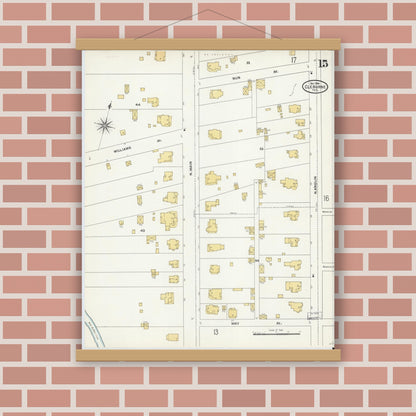 Old map wall art mockup — magnetic wood frame on brick wall — Sanborn Fire Insurance Map from Cleburne, Johnson County, Texas (1904), Sheet #0015