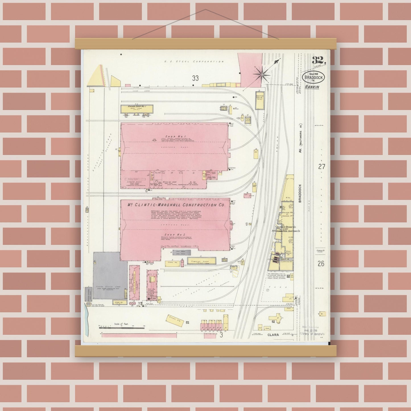 Old map wall art mockup — magnetic wood frame on brick wall — Sanborn Fire Insurance Map from Braddock, Allegheny County, Pennsylvania (1908), Sheet #0032
