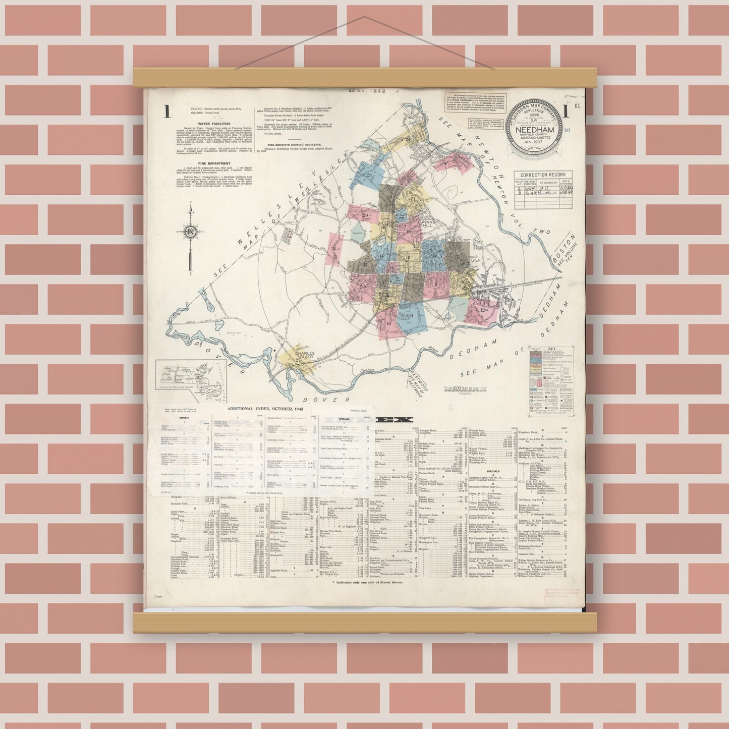 Old map wall art mockup — magnetic wood frame on brick wall — Sanborn Fire Insurance Map from Needham, Norfolk County, Massachusetts (1948), Sheet #0001