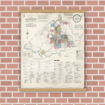 Old map wall art mockup — magnetic wood frame on brick wall — Sanborn Fire Insurance Map from Needham, Norfolk County, Massachusetts (1948), Sheet #0001
