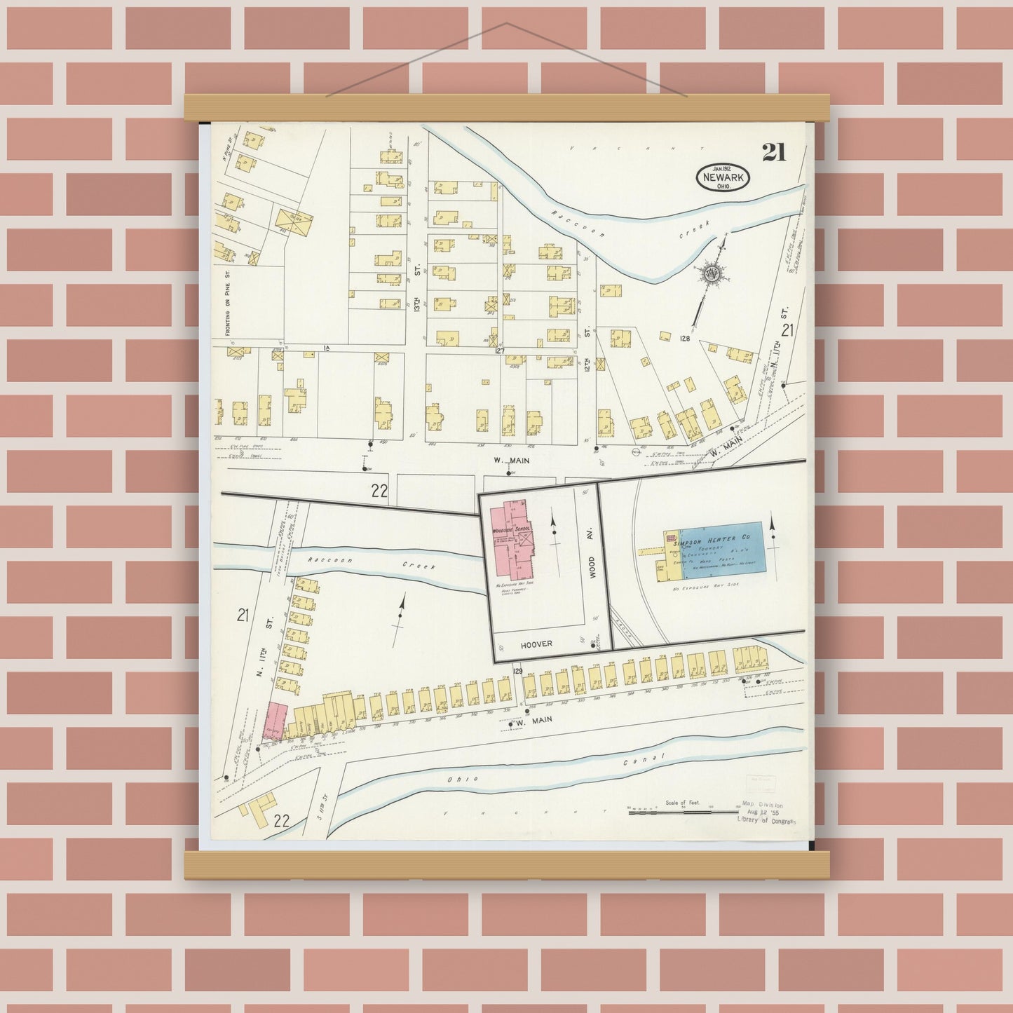 Old map wall art mockup — magnetic wood frame on brick wall — Sanborn Fire Insurance Map from Newark, Licking County, Ohio (1912), Sheet #0021