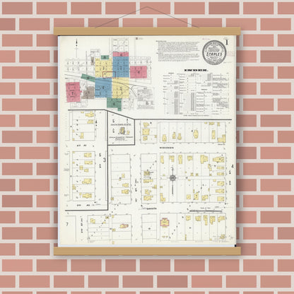Old map wall art mockup — magnetic wood frame on brick wall — Sanborn Fire Insurance Map from Staples, Todd County, Minnesota (1909) - Complete Map Set