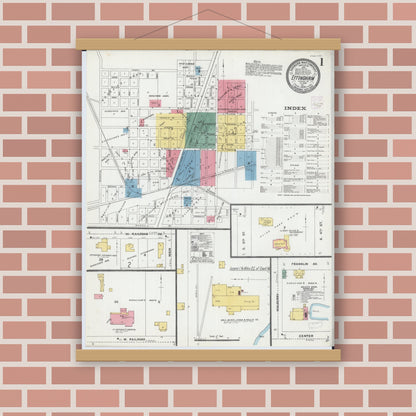 Old map wall art mockup — magnetic wood frame on brick wall — Sanborn Fire Insurance Map from Effingham, Effingham County, Illinois (1906), Sheet #0001