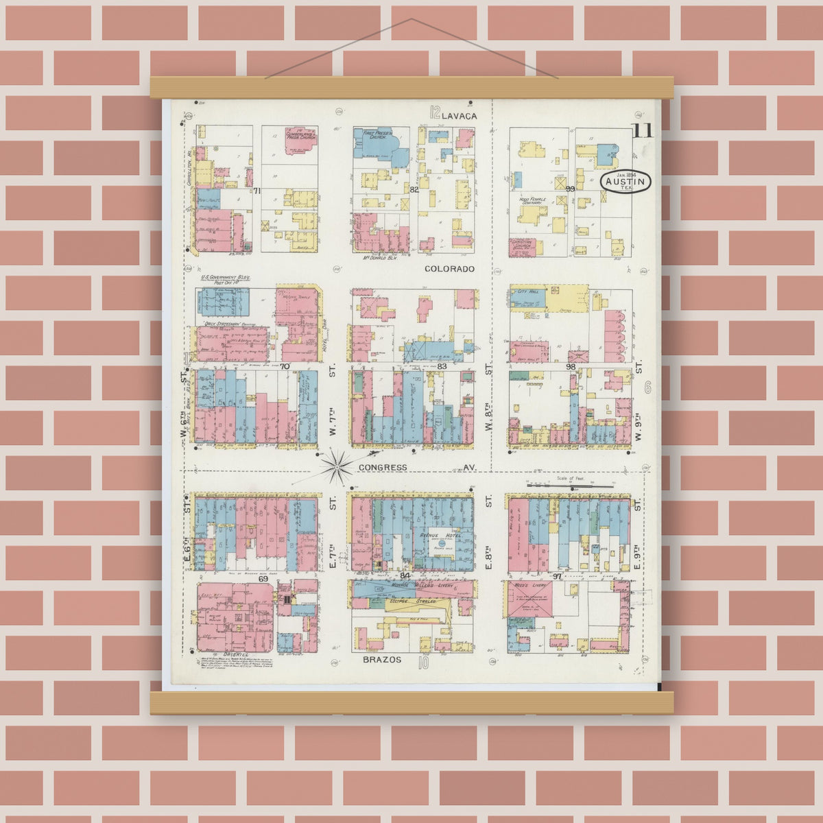 Old map wall art mockup — magnetic wood frame on brick wall — Sanborn Fire Insurance Map from Austin, Travis County, Texas (1894), Sheet #0011