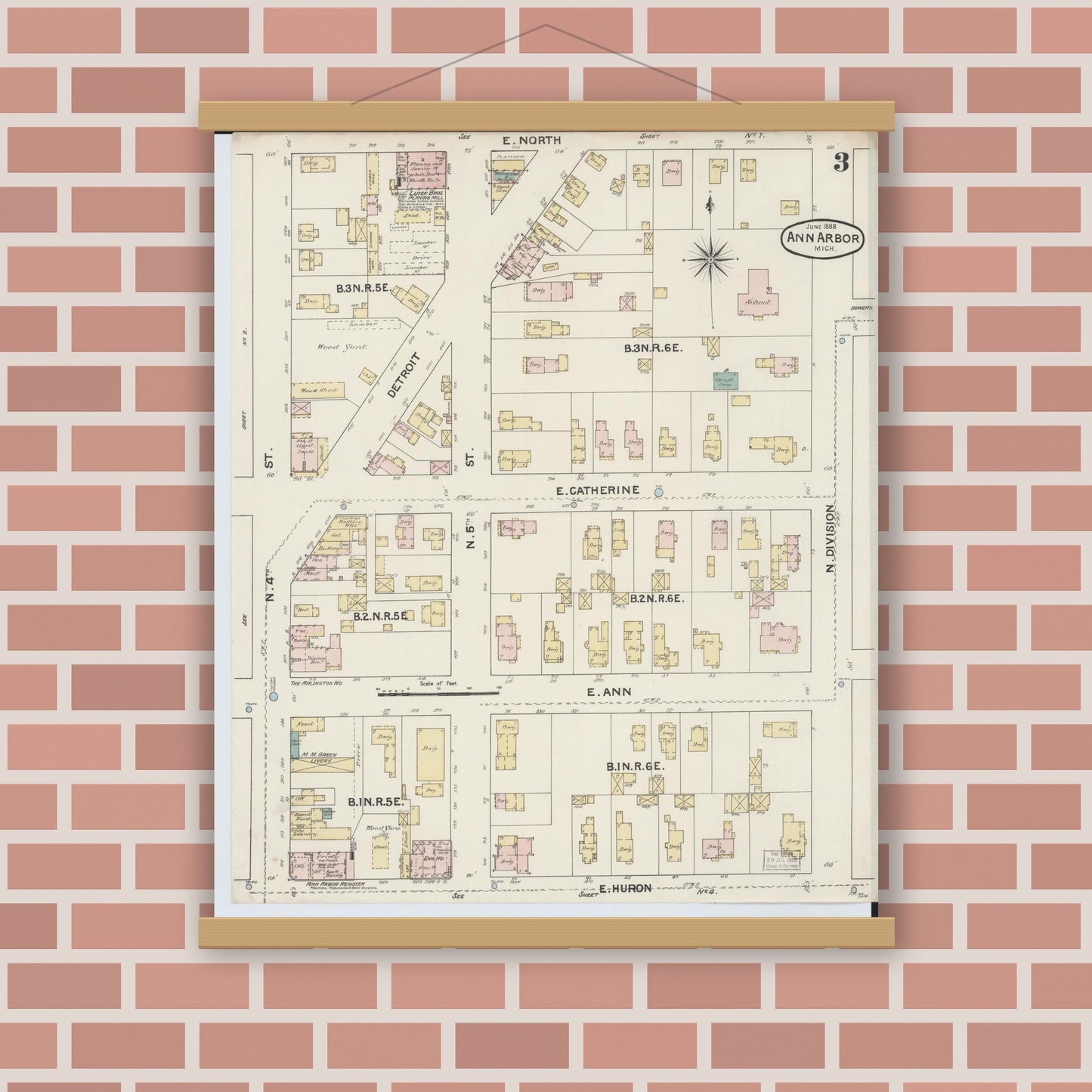 Old map wall art mockup — magnetic wood frame on brick wall — Sanborn Fire Insurance Map from Ann Arbor, Washtenaw County, Michigan (1888), Sheet #0003