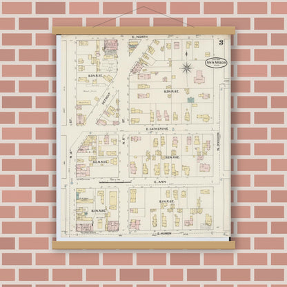 Old map wall art mockup — magnetic wood frame on brick wall — Sanborn Fire Insurance Map from Ann Arbor, Washtenaw County, Michigan (1888), Sheet #0003