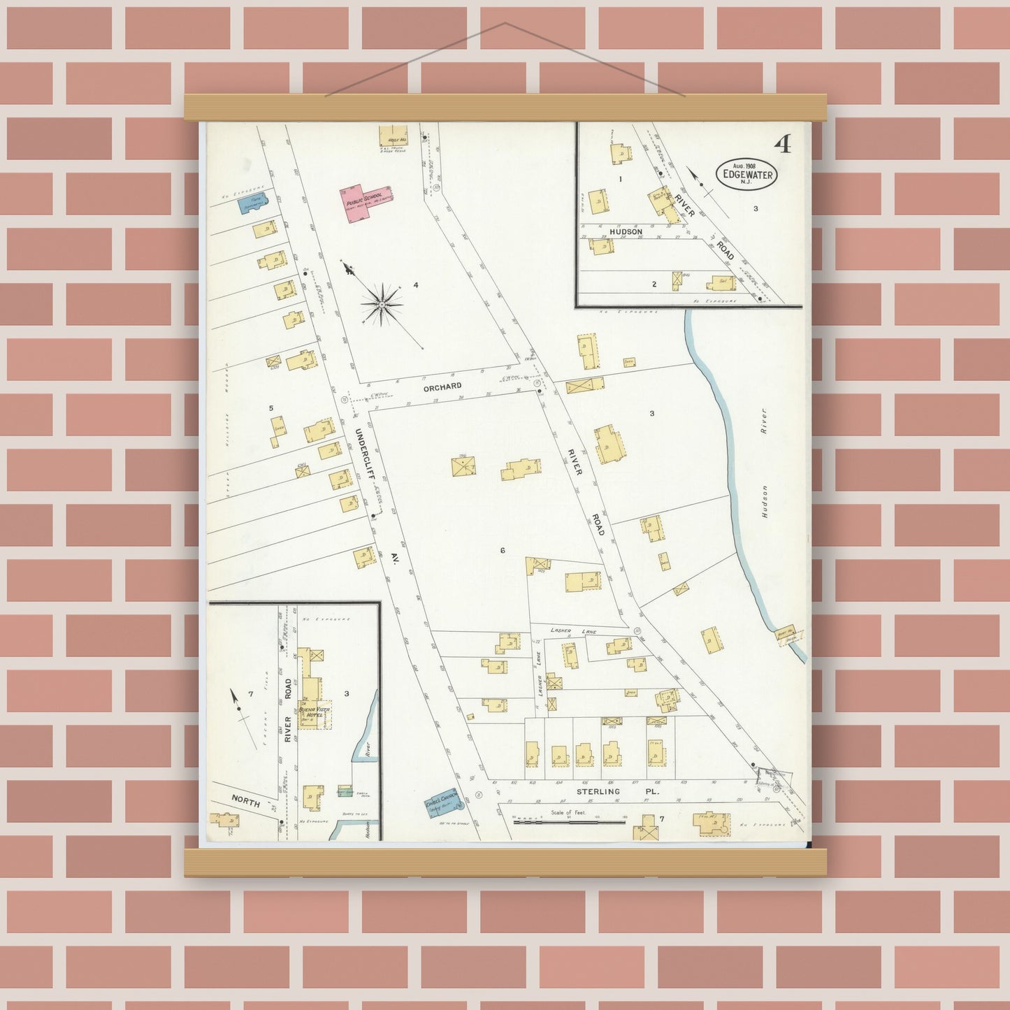 Old map wall art mockup — magnetic wood frame on brick wall — Sanborn Fire Insurance Map from Edgewater, Bergen County, New Jersey (1908), Sheet #0004