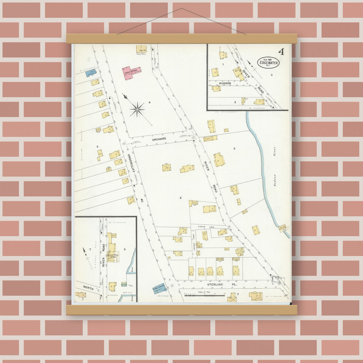 Old map wall art mockup — magnetic wood frame on brick wall — Sanborn Fire Insurance Map from Edgewater, Bergen County, New Jersey (1908), Sheet #0004