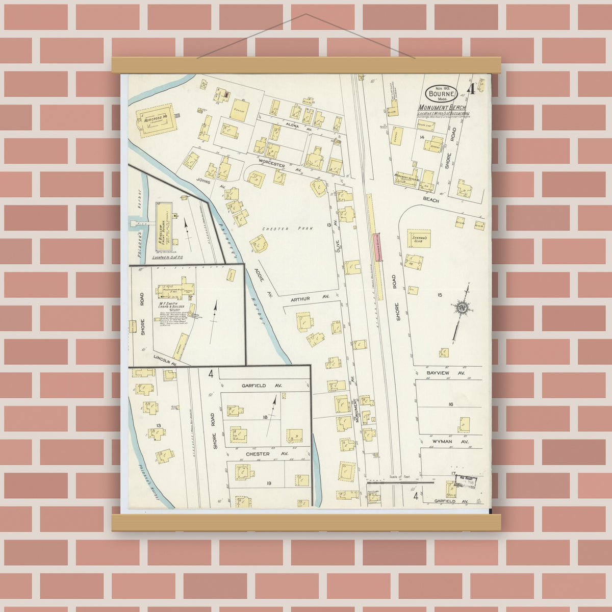Old map wall art mockup — magnetic wood frame on brick wall — Sanborn Fire Insurance Map from Bourne, Barnstable County, Massachusetts (1913), Sheet #0004