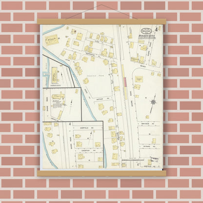 Old map wall art mockup — magnetic wood frame on brick wall — Sanborn Fire Insurance Map from Bourne, Barnstable County, Massachusetts (1913), Sheet #0004