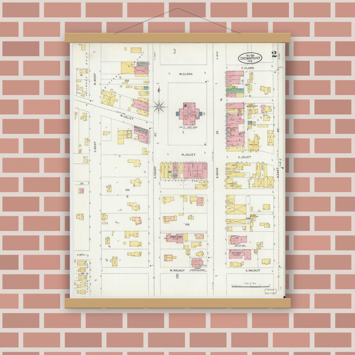 Old map wall art mockup — magnetic wood frame on brick wall — Sanborn Fire Insurance Map from Crown Point, Lake County, Indiana (1905), Sheet #0002
