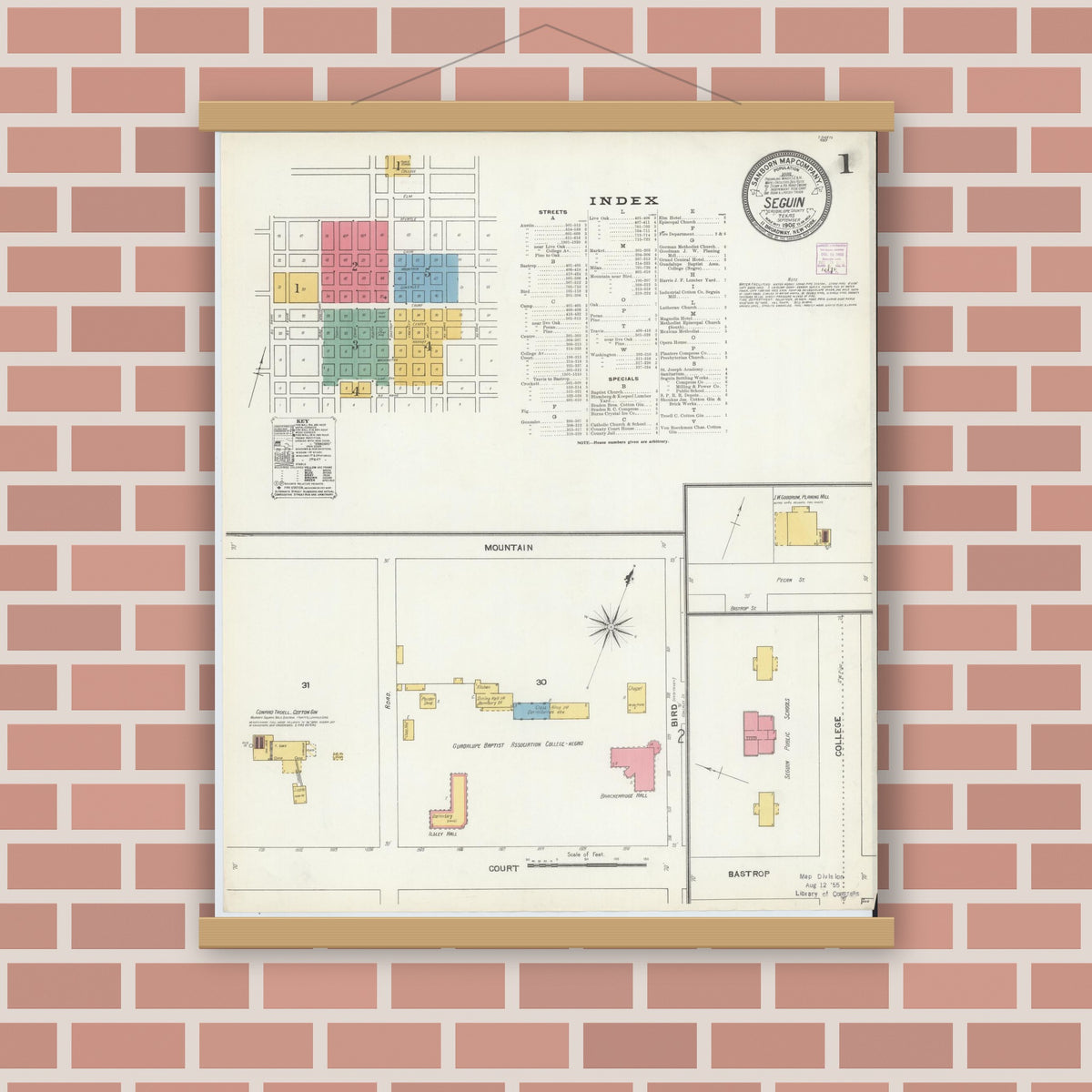 Old map wall art mockup — magnetic wood frame on brick wall — Sanborn Fire Insurance Map from Seguin, Guadalupe County, Texas (1906) - Complete Map Set