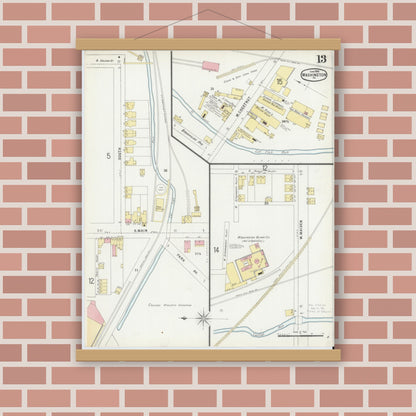 Old map wall art mockup — magnetic wood frame on brick wall — Sanborn Fire Insurance Map from Washington, Washington County, Pennsylvania (1896), Sheet #0013