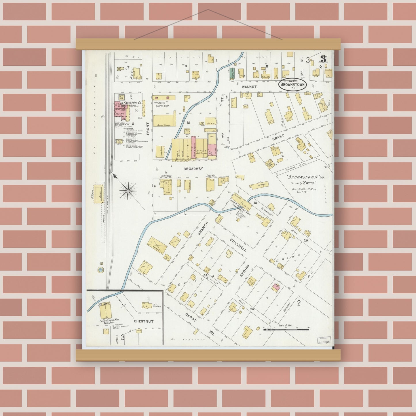Old map wall art mockup — magnetic wood frame on brick wall — Sanborn Fire Insurance Map from Brownstown, Jackson County, Indiana (1899), Sheet #0003