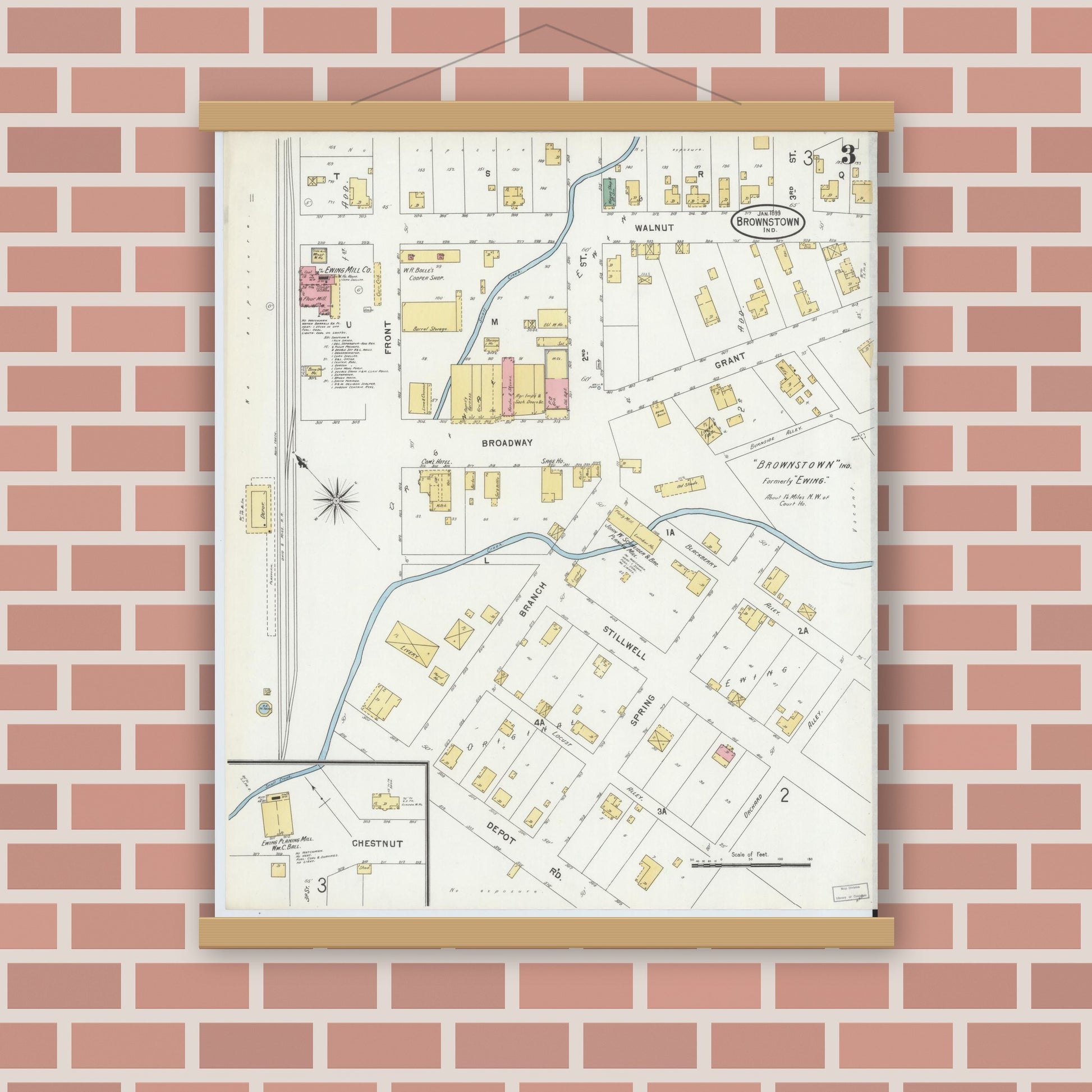 Old map wall art mockup — magnetic wood frame on brick wall — Sanborn Fire Insurance Map from Brownstown, Jackson County, Indiana (1899), Sheet #0003