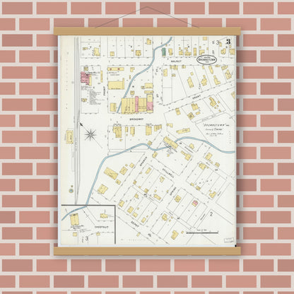 Old map wall art mockup — magnetic wood frame on brick wall — Sanborn Fire Insurance Map from Brownstown, Jackson County, Indiana (1899), Sheet #0003