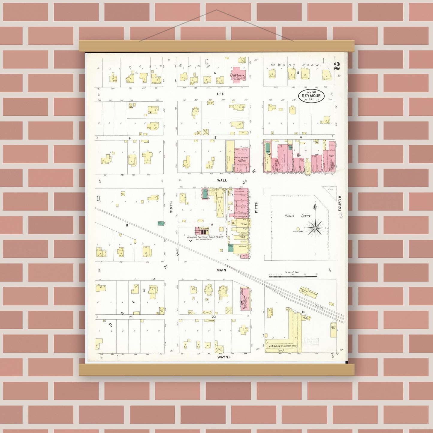 Old map wall art mockup — magnetic wood frame on brick wall — Sanborn Fire Insurance Map from Seymour, Wayne County, Iowa (1907), Sheet #0002