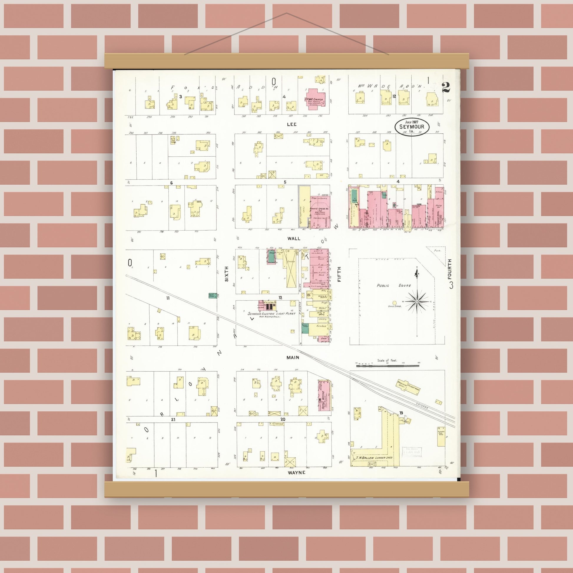 Old map wall art mockup — magnetic wood frame on brick wall — Sanborn Fire Insurance Map from Seymour, Wayne County, Iowa (1907), Sheet #0002