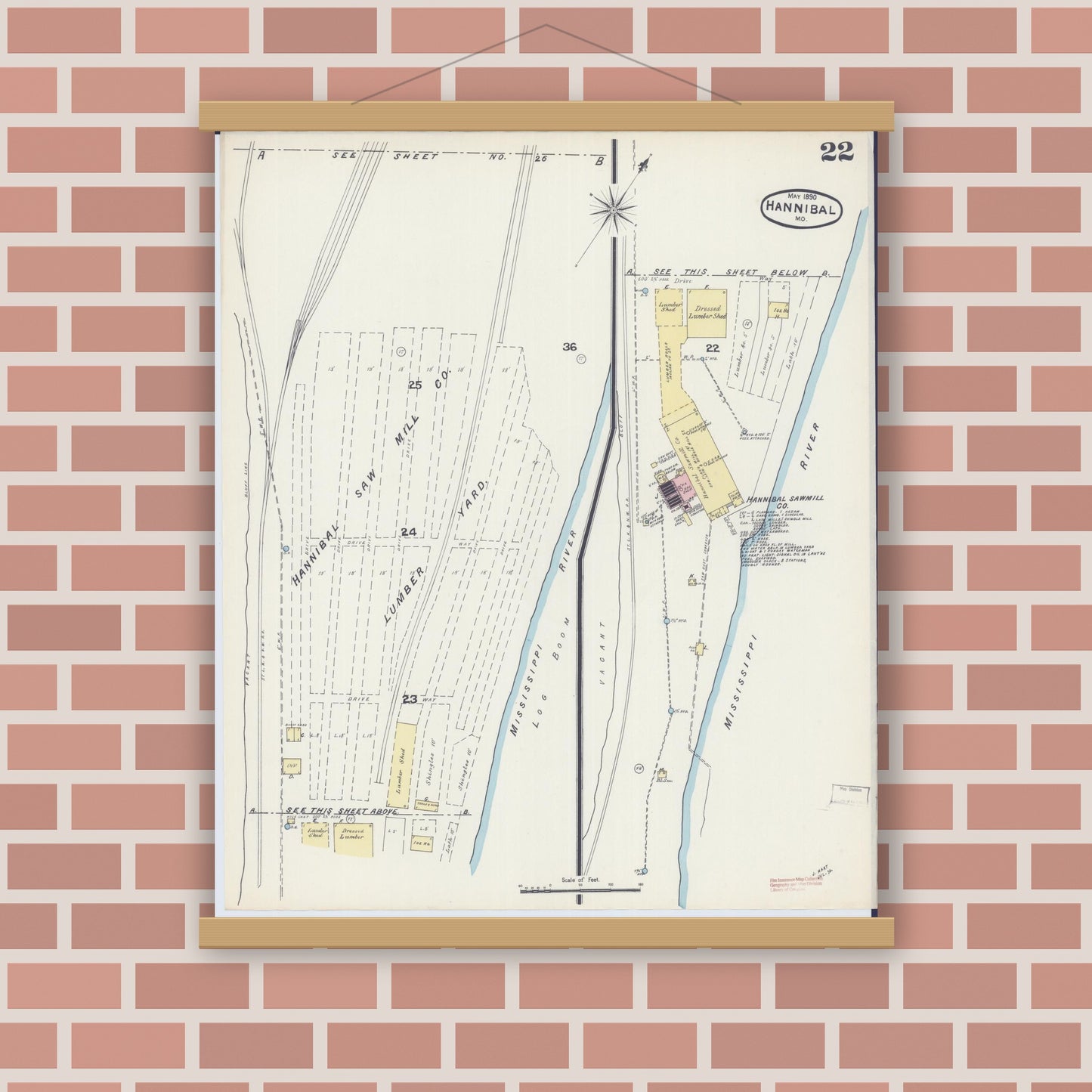 Old map wall art mockup — magnetic wood frame on brick wall — Sanborn Fire Insurance Map from Hannibal, Marion County, Missouri (1890), Sheet #0022