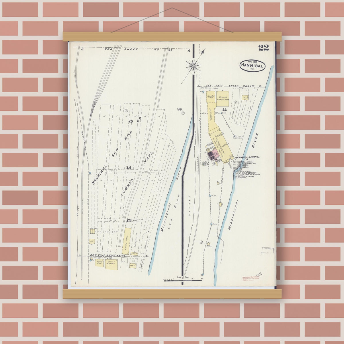 Old map wall art mockup — magnetic wood frame on brick wall — Sanborn Fire Insurance Map from Hannibal, Marion County, Missouri (1890), Sheet #0022