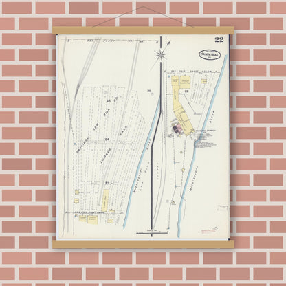 Old map wall art mockup — magnetic wood frame on brick wall — Sanborn Fire Insurance Map from Hannibal, Marion County, Missouri (1890), Sheet #0022