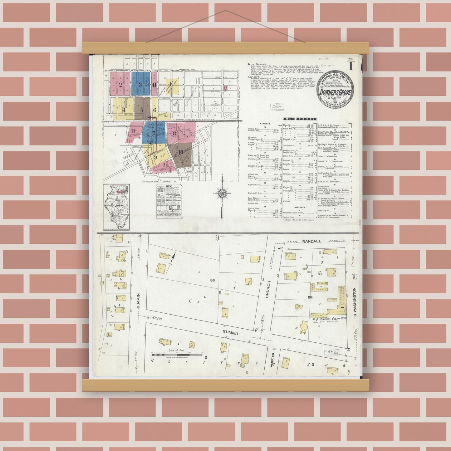 Old map wall art mockup — magnetic wood frame on brick wall — Sanborn Fire Insurance Map from Downers Grove, Dupage County, Illinois (1921) - Complete Map Set