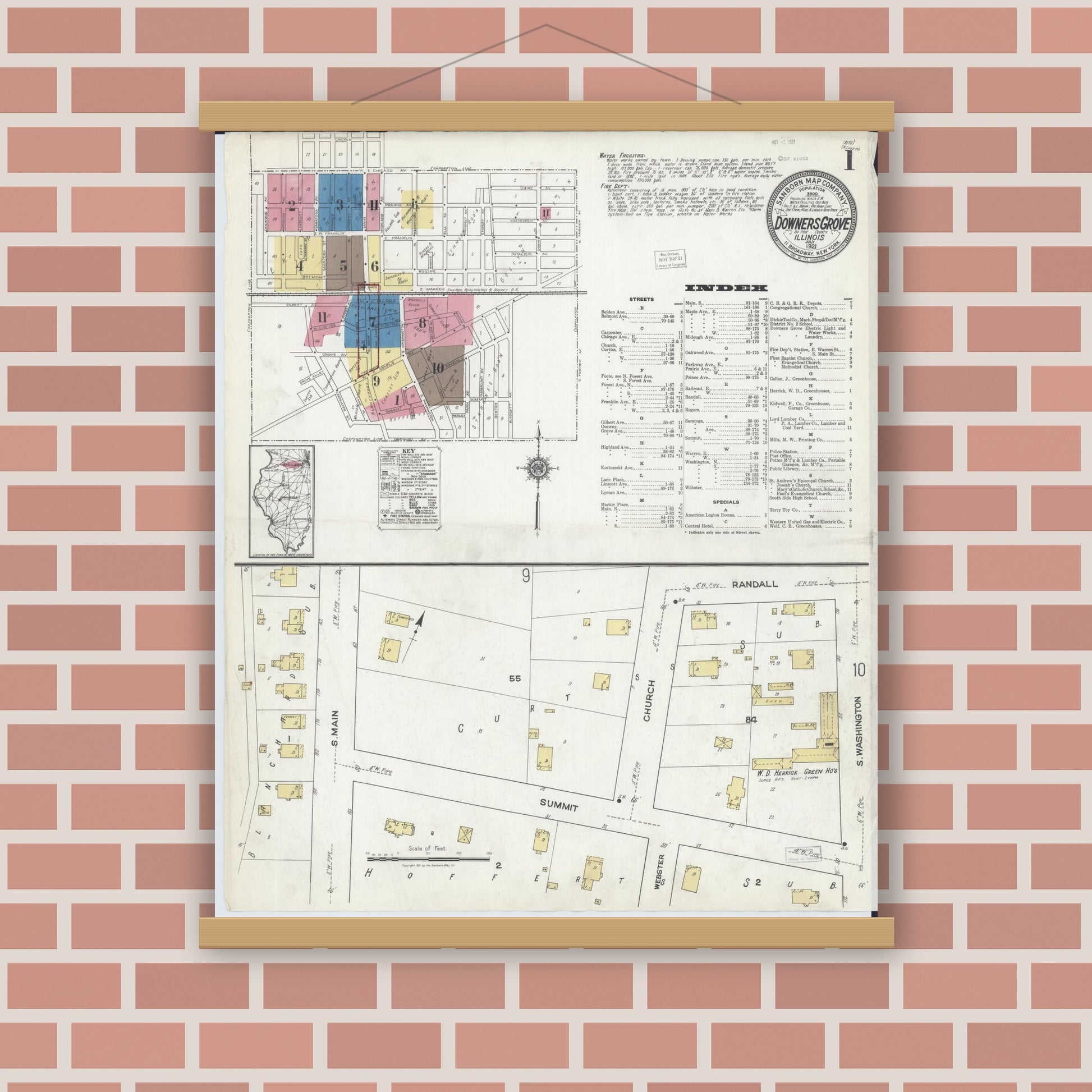 Old map wall art mockup — magnetic wood frame on brick wall — Sanborn Fire Insurance Map from Downers Grove, Dupage County, Illinois (1921) - Complete Map Set