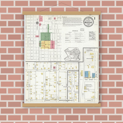 Old map wall art mockup — magnetic wood frame on brick wall — Sanborn Fire Insurance Map from Winters, Runnels County, Texas (1917), Sheet #0001